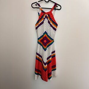 Unique 1970’s Vintage Halter Dress With Rainbow Striped Geometric Pattern XS
